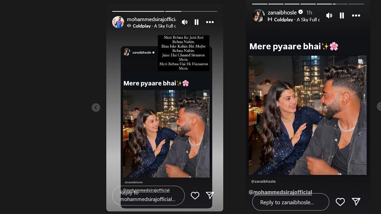 जनाई भोसले और मोहम्मद सिराज ने शेयर की इंस्टाग्राम स्टोरी (photo credit: instagram/zanaibhosle,,mohammedsirajofficial)